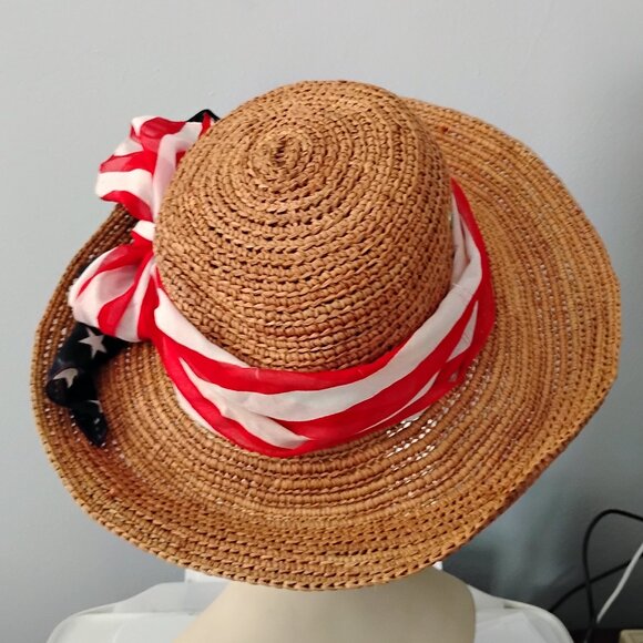 ❤️HELEN KAMINSKI Patriotic Stars Stripes Raffia Packable Hat Austrailia M